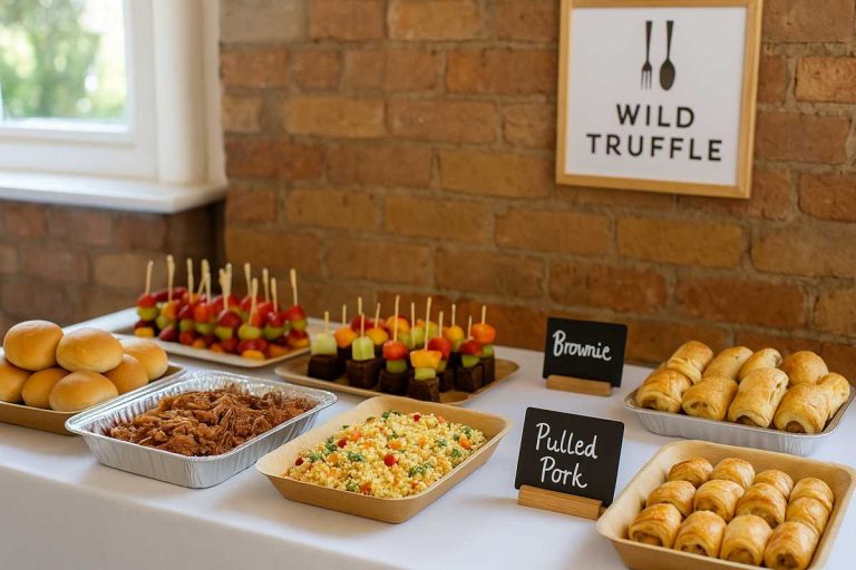 Buffet-style birthday party setup with vibrant, budget-friendly catering in a community hall setting, ideal for informal gatherings in Liverpool.