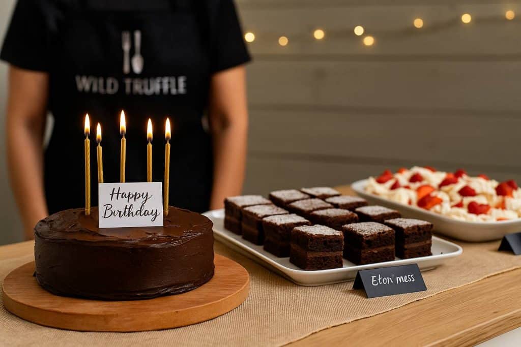 A well-balanced dessert table with a birthday cake and light sweet treats, styled for a budget-friendly party in Liverpool.