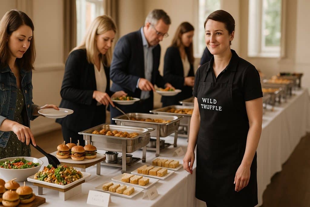Wild Truffle Catering buffet setup in a Liverpool venue with guests serving from raised trays and platters.