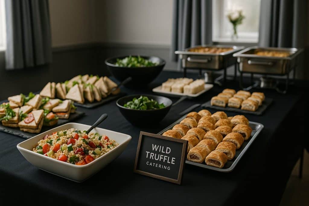 Respectful funeral buffet setup by Wild Truffle Catering in Liverpool featuring sandwiches, salads, and warm dishes.