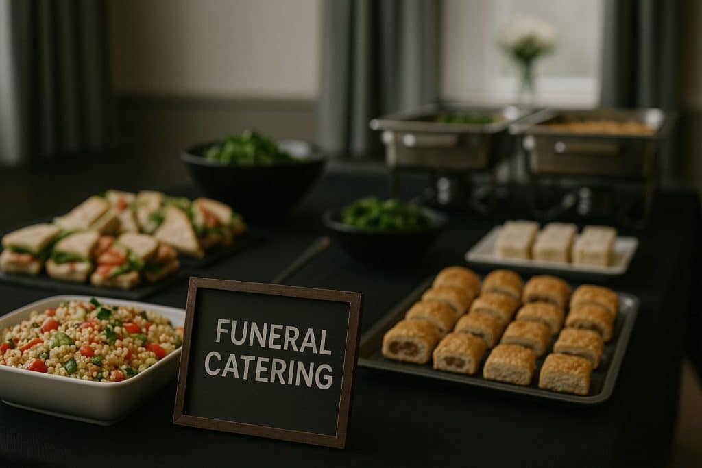 A dignified funeral catering display prepared by Wild Truffle Catering in Liverpool, with pastries, pasta salad, sandwiches, and warm dishes.