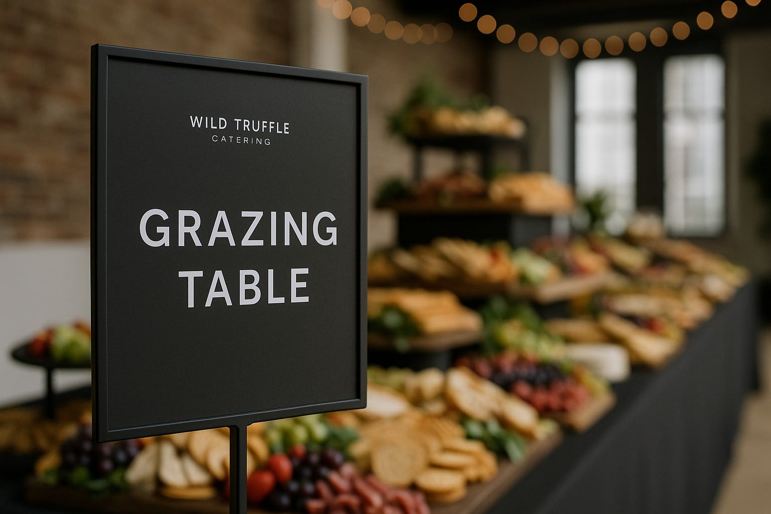 Close-up of a Wild Truffle Catering grazing table sign at a Liverpool event, with an elegant buffet of cheeses, fruit, and breads in the background.