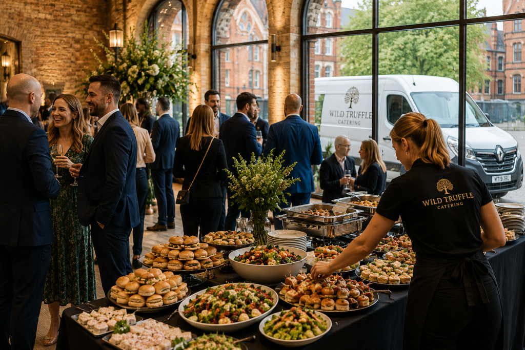 Guests attending a catered event in Liverpool with buffet service provided by Wild Truffle Catering.