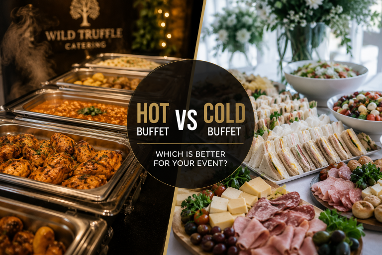 Hot and cold buffet options displayed side by side at a catered event in Liverpool.