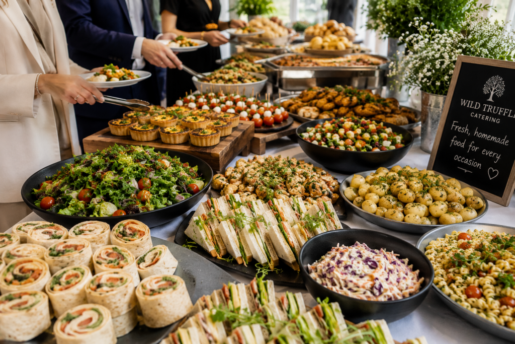 Guests choosing from a wide selection of buffet foods including sandwiches, salads and hot dishes at a Liverpool event.