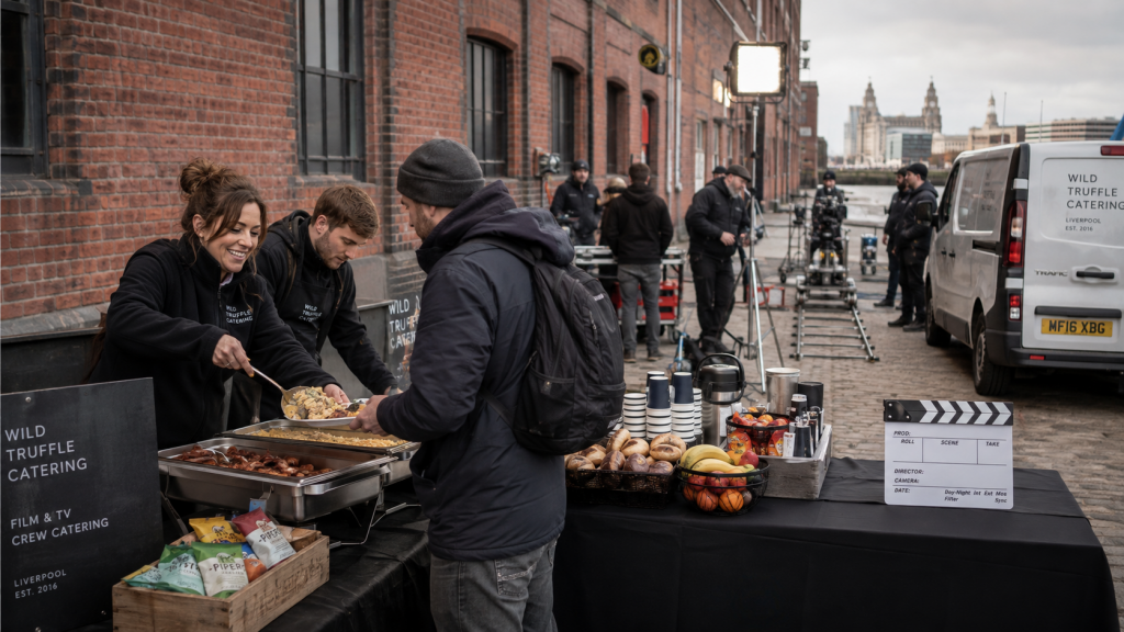 Film and TV catering scene in Liverpool. production crew being served by wild truffle catering staff.